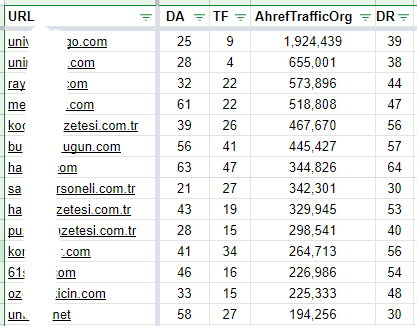 Echantillon de sites turcs issus de notre base de données de centaines de sites web